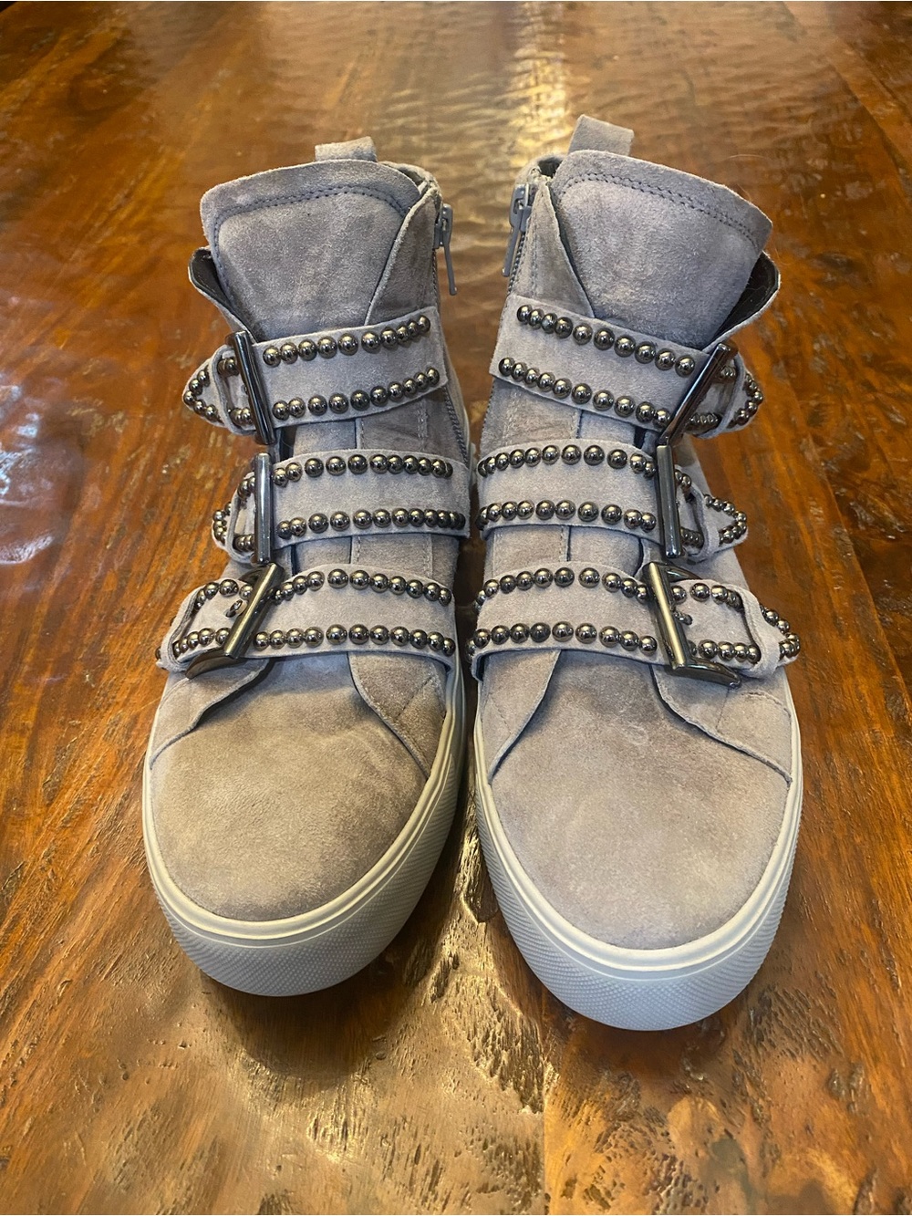 Suede High-Top Sneakers with Studded Buckle Straps - Gray